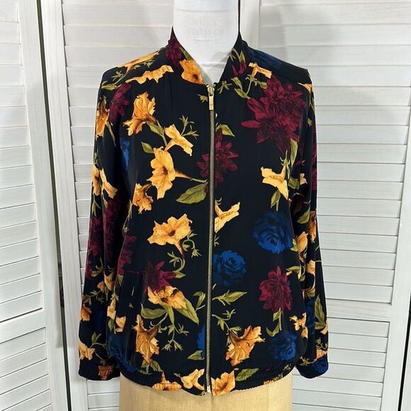 Susan Graver Bomber Jacket Large Floral Stretch Lightweight - Picture 2 of 16